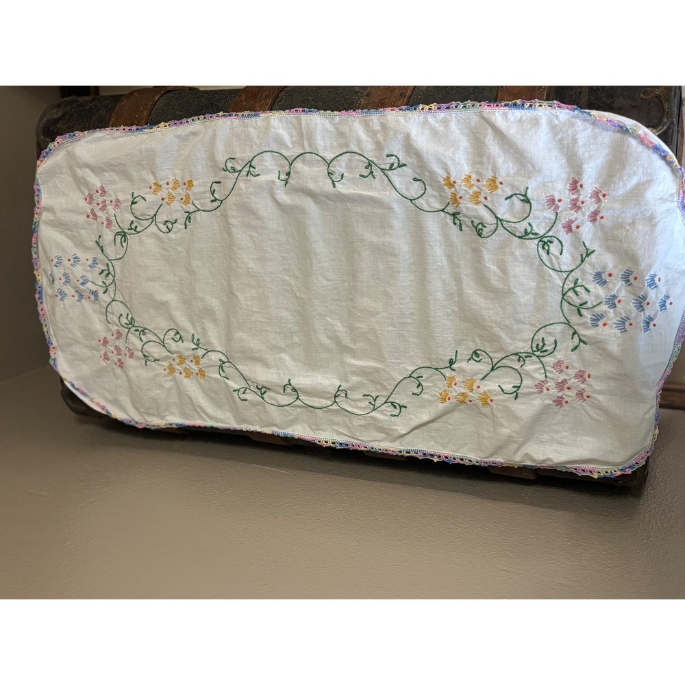 Vintage Hand Embroidered Floral Dresser Scarf White Linen Crochet Trim 31 Inch